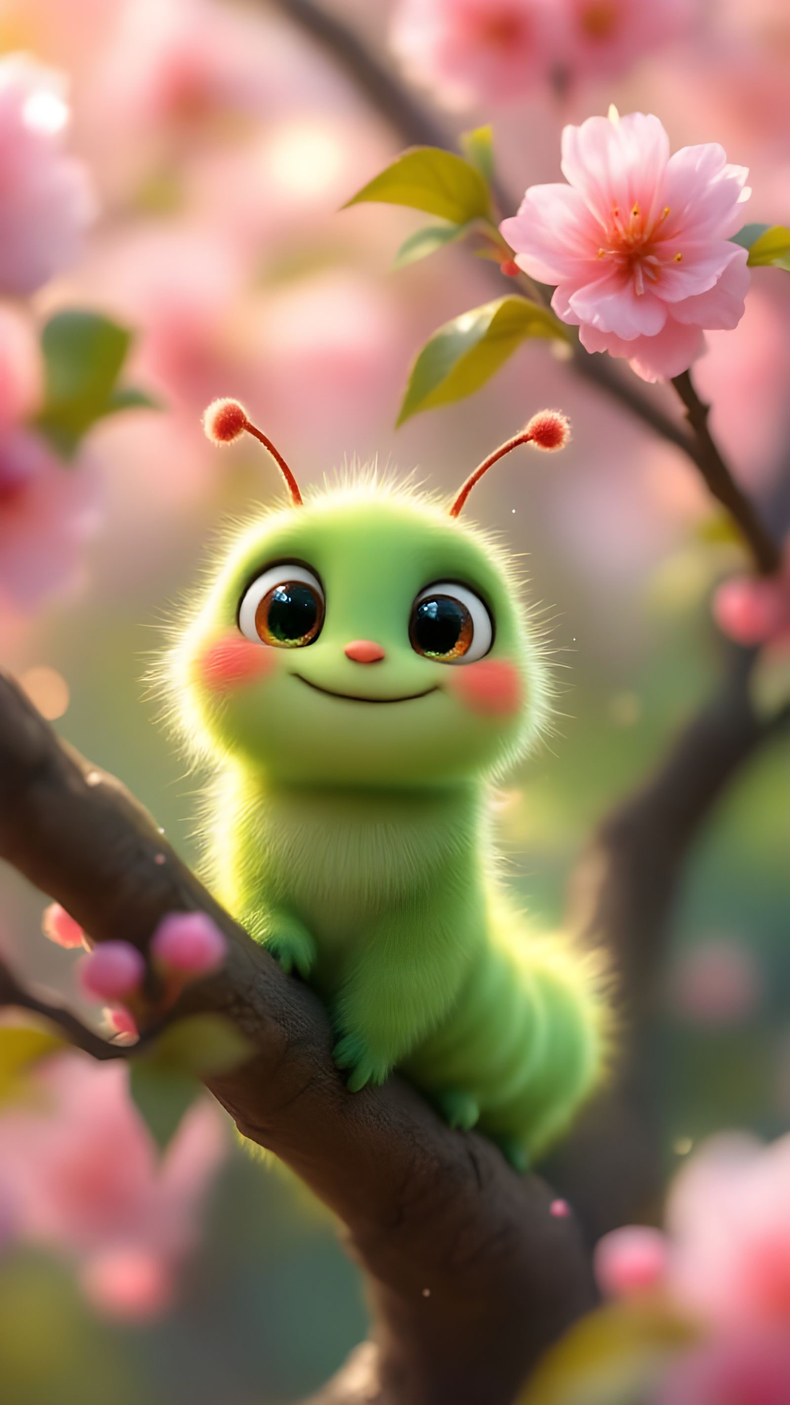 Cute Caterpillar on Cherry Blossom Branch in 3D