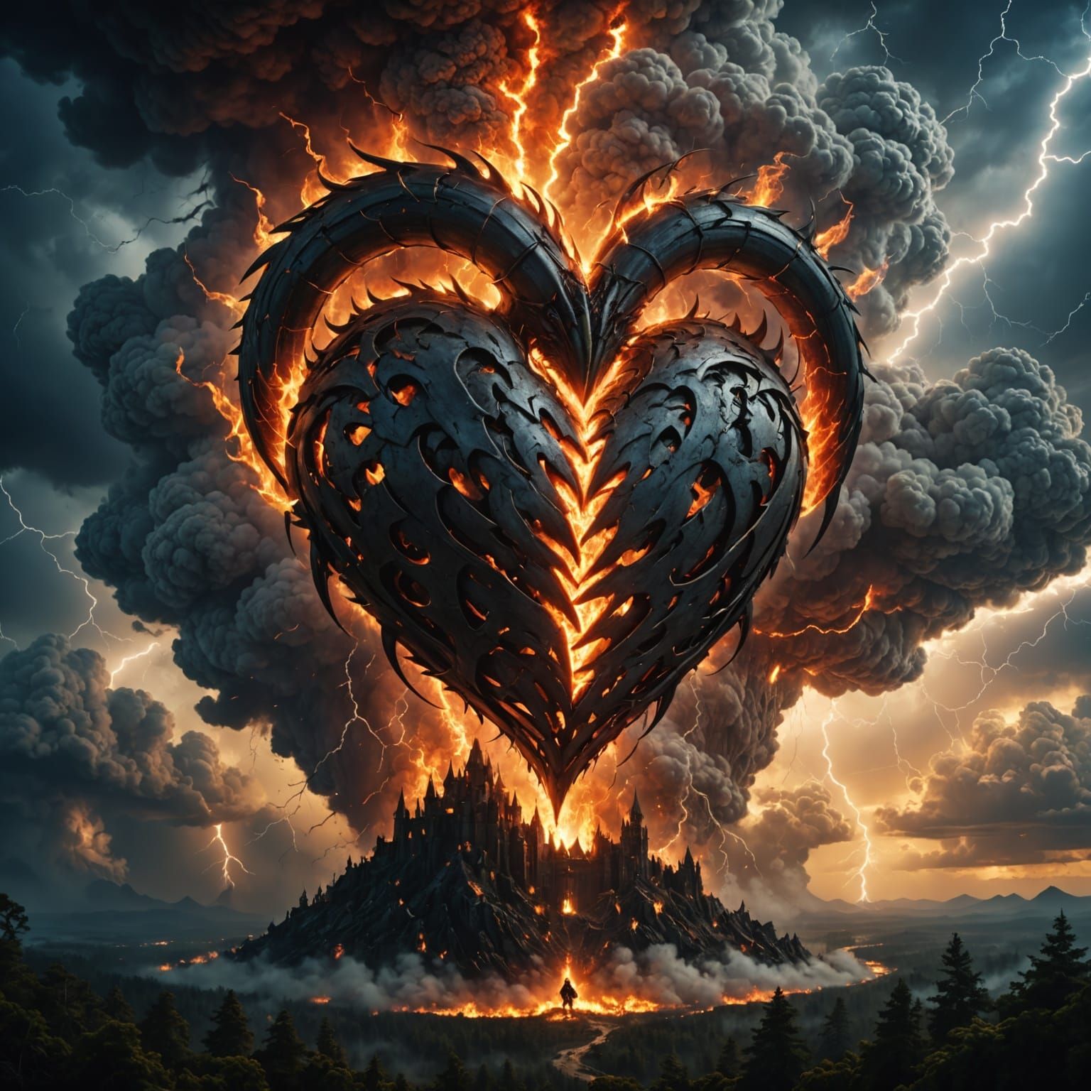 Fiery Heart Amidst Stormy Clouds and Lightning