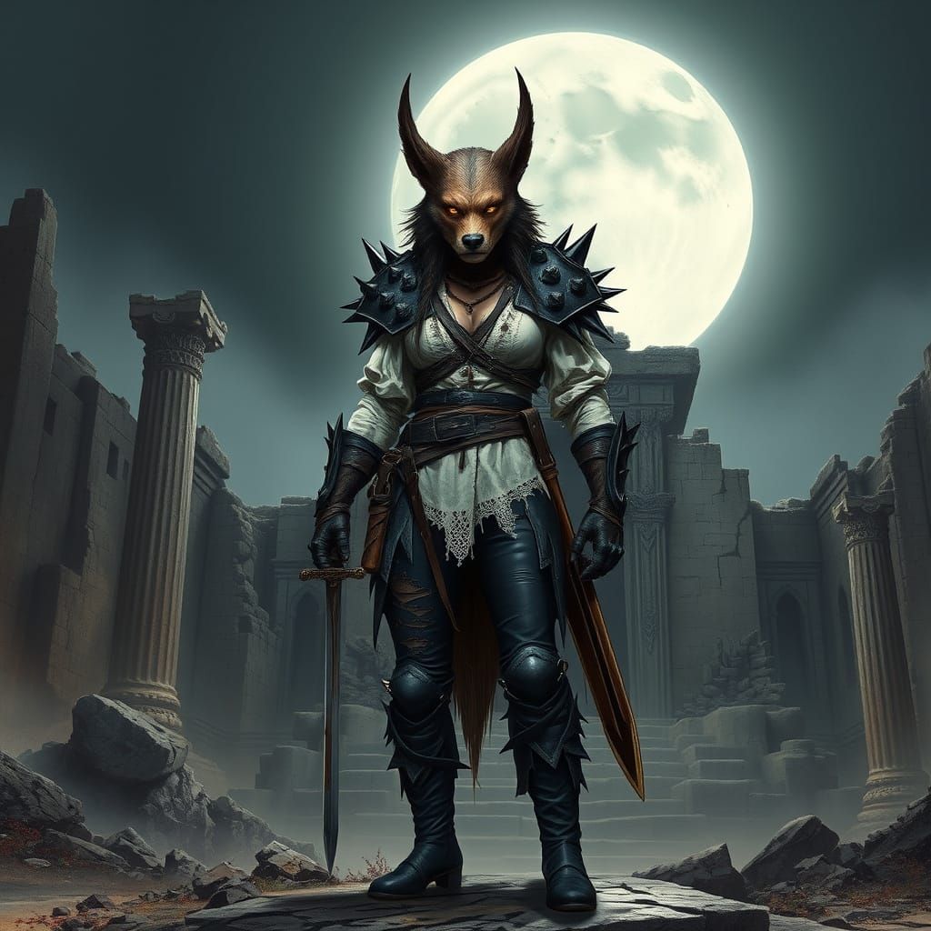 Dark Fantasy Female Gnoll Warrior in Ruined Temple