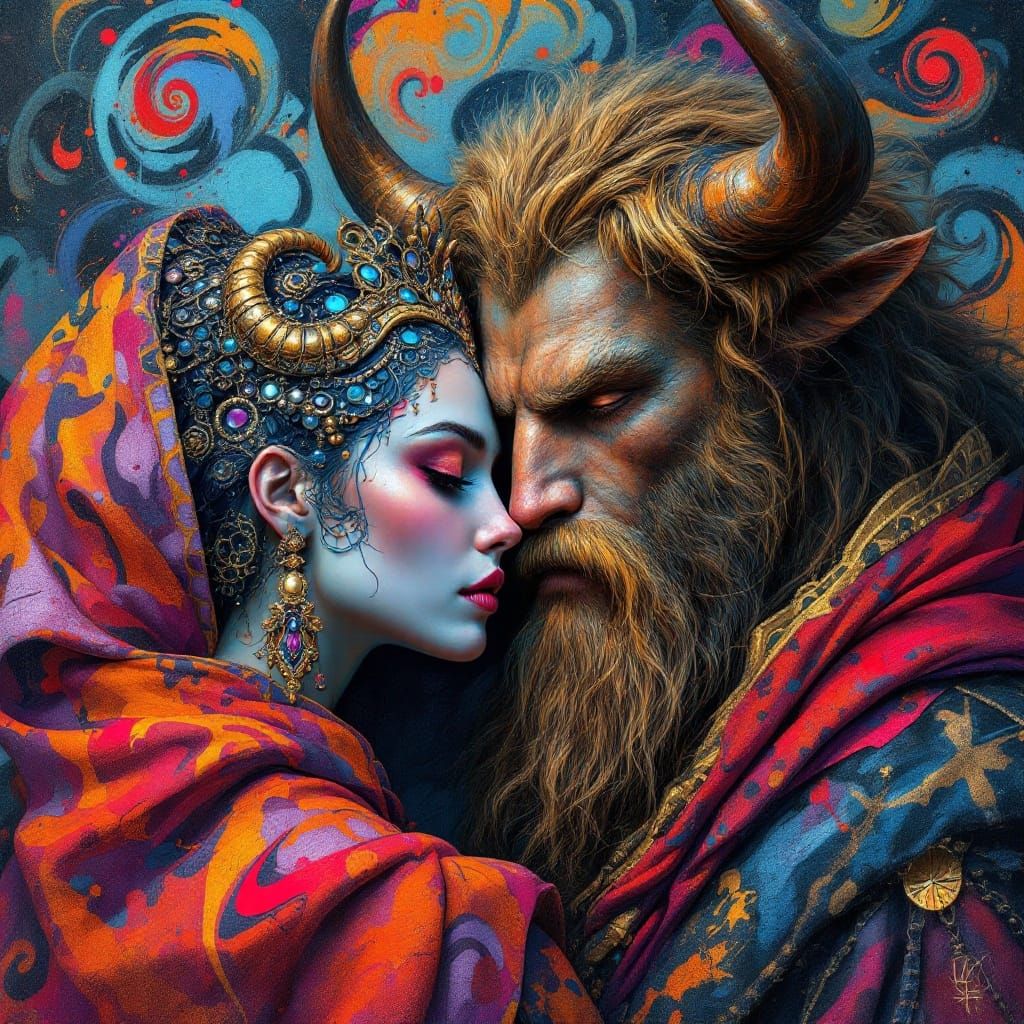 Regal Couple in Vibrant Graffiti Landscape