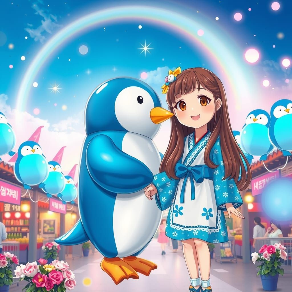 Korean Festival with K-Pop Girl and Penguin, Anime Style