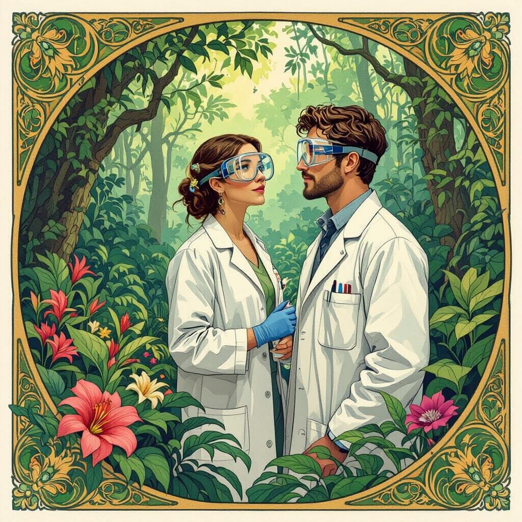 Biologist in Lush Forest, Art Nouveau Style