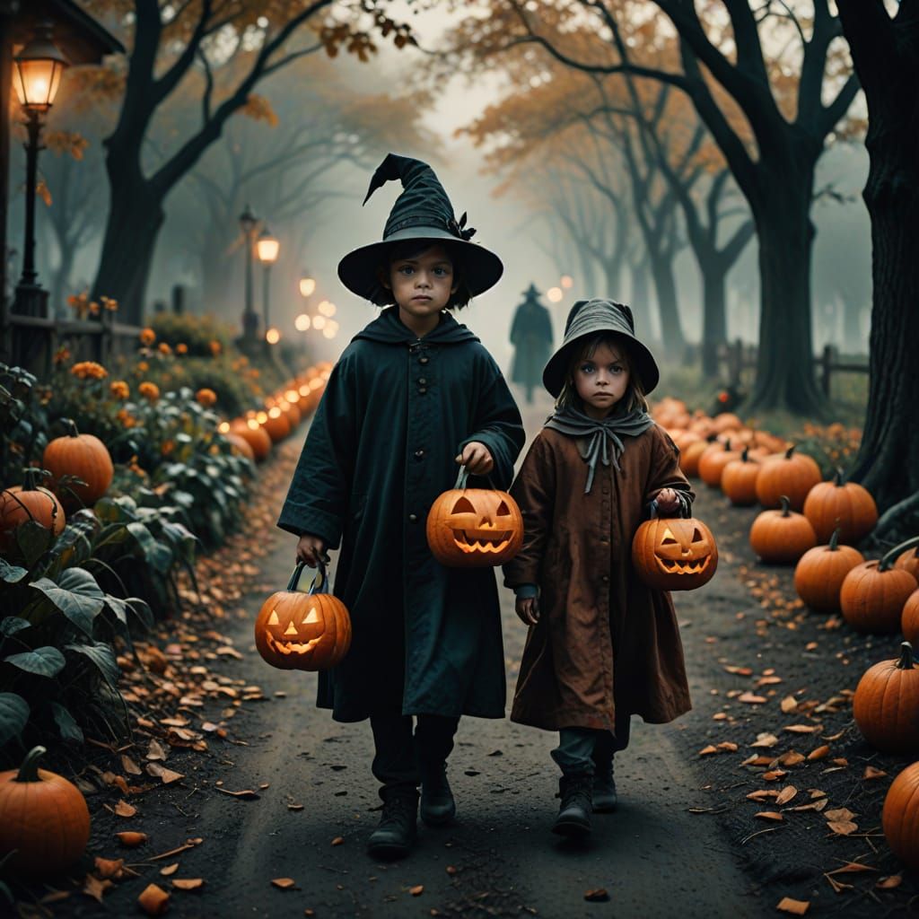 Whimsical Halloween Children Trick-or-Treating