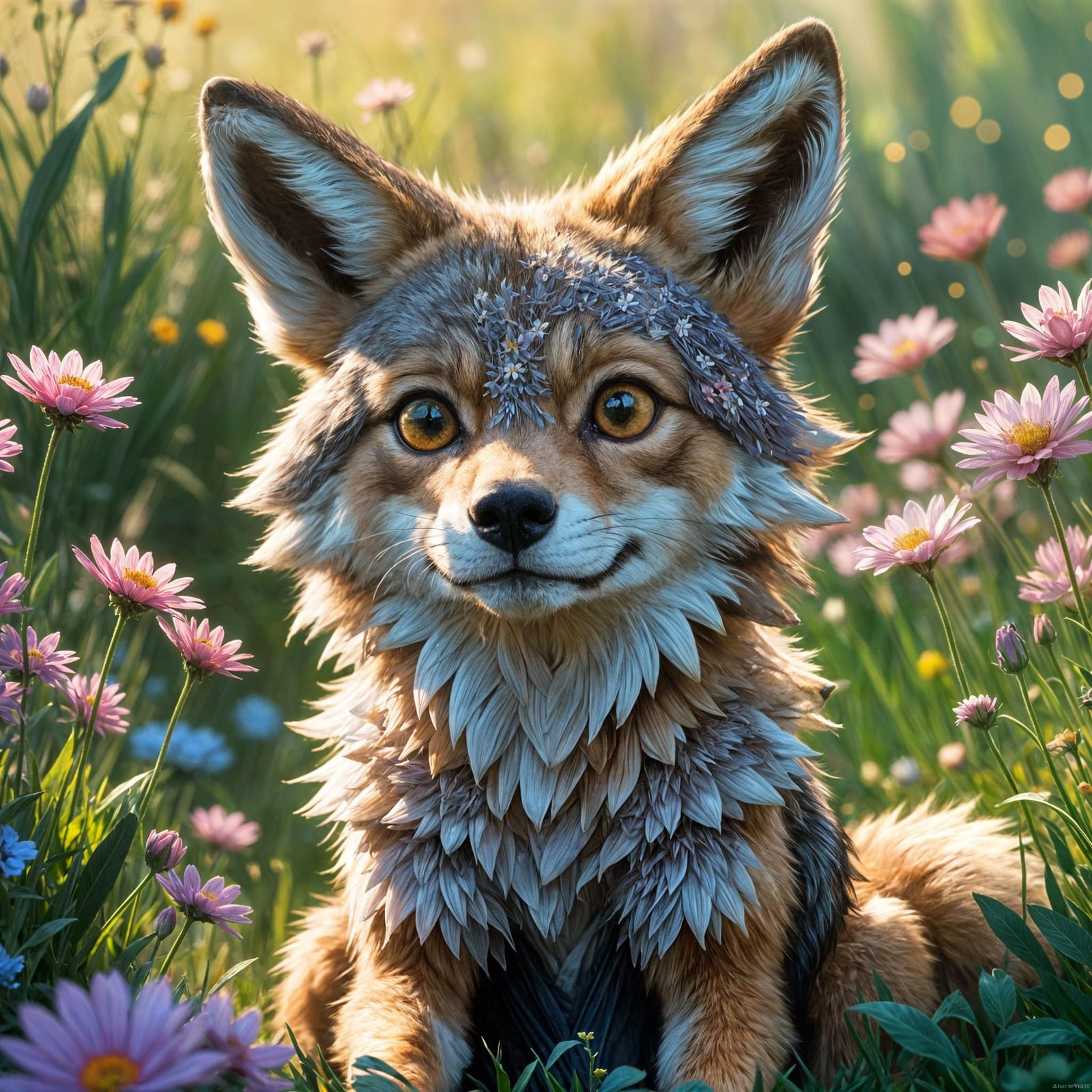 Adorable Coyote in Flower Field, Anime-Style Portrait