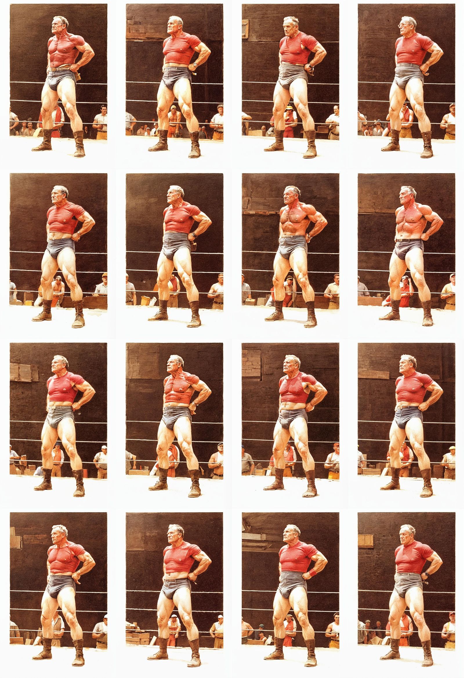 muscular senior Construction worker bare chested wrestler dark brown hair briefs