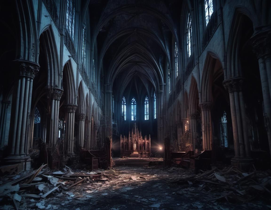 Eerie Abandoned Gothic Cathedral Interior at Midnight