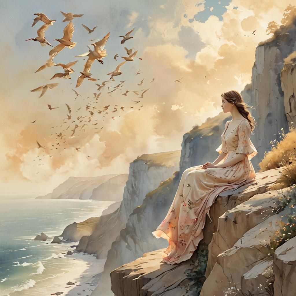 Dreamy Watercolor Illustration of Woman with Birds