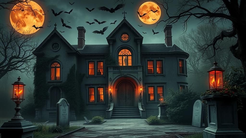 Eerie Abandoned Mansion with Graveyard in Dark Fantasy Style
