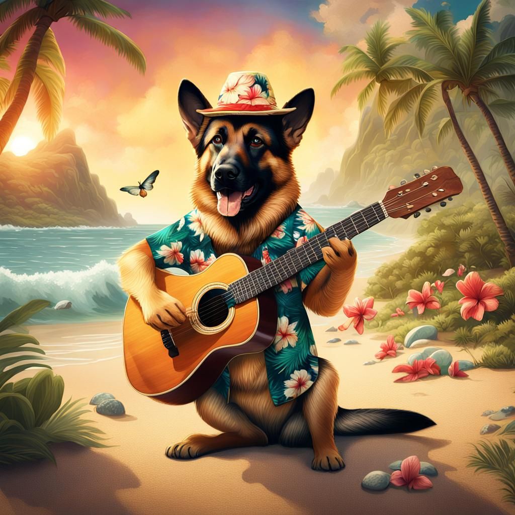 German Shepherd Plays Guitar in Hawaiian Shirt