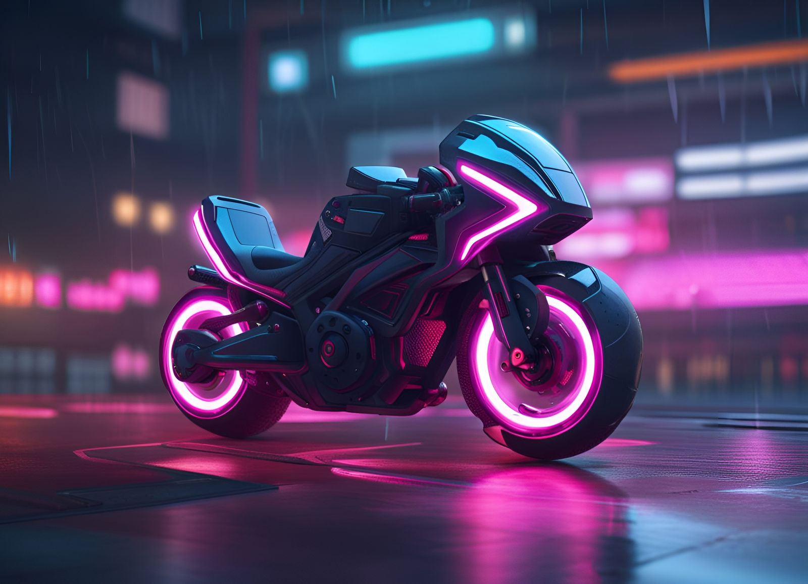 Neon Glowin In The Rain - Cyber Motorcycle