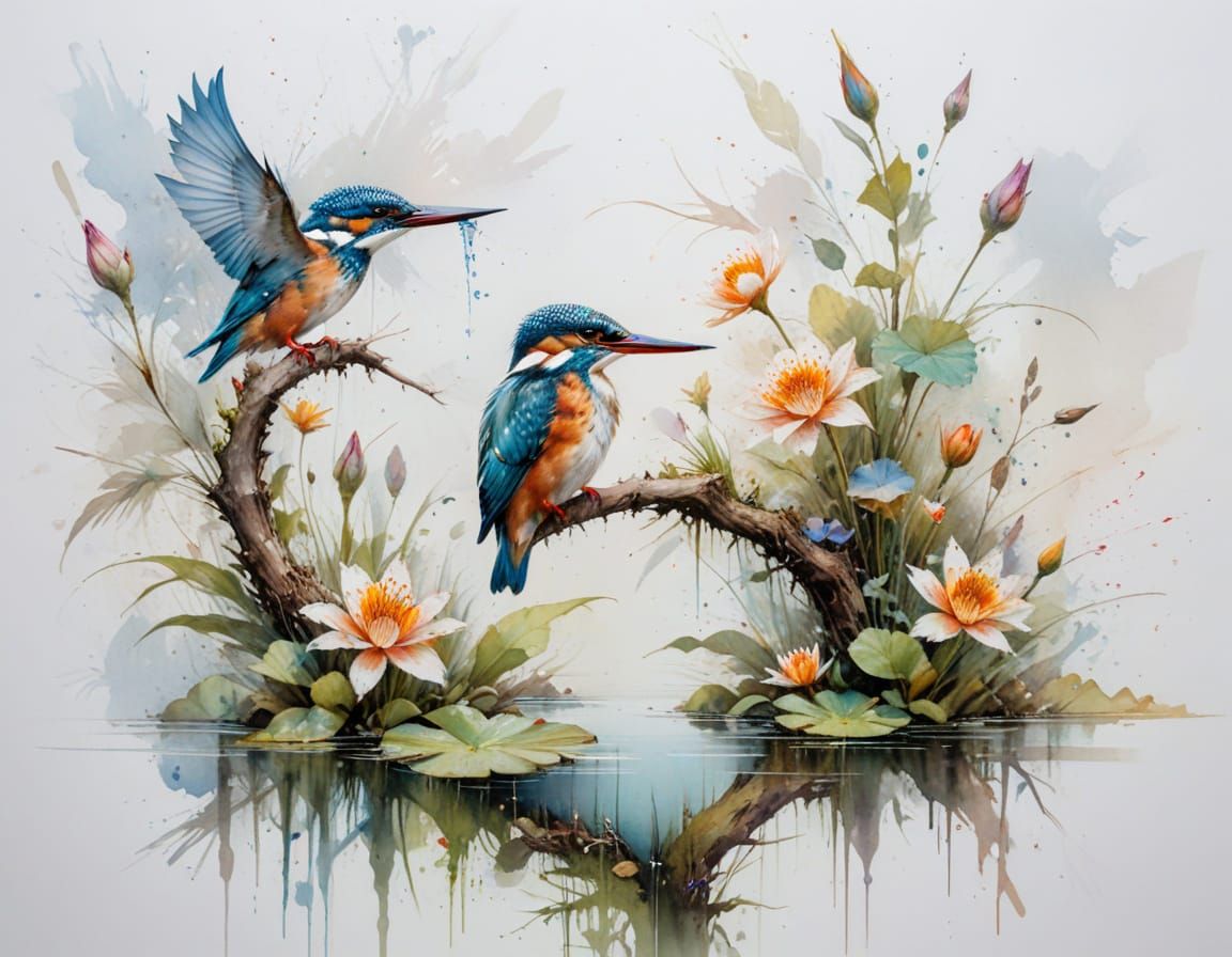 Whimsical Lilypond Scene with Kingfisher in Watercolour Styl...