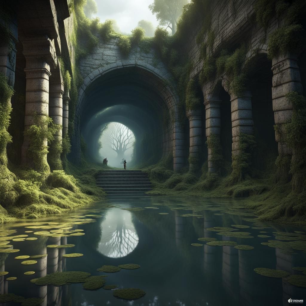 Swamp Tunnel Under Ancient Ruins in Fantasy Art Style