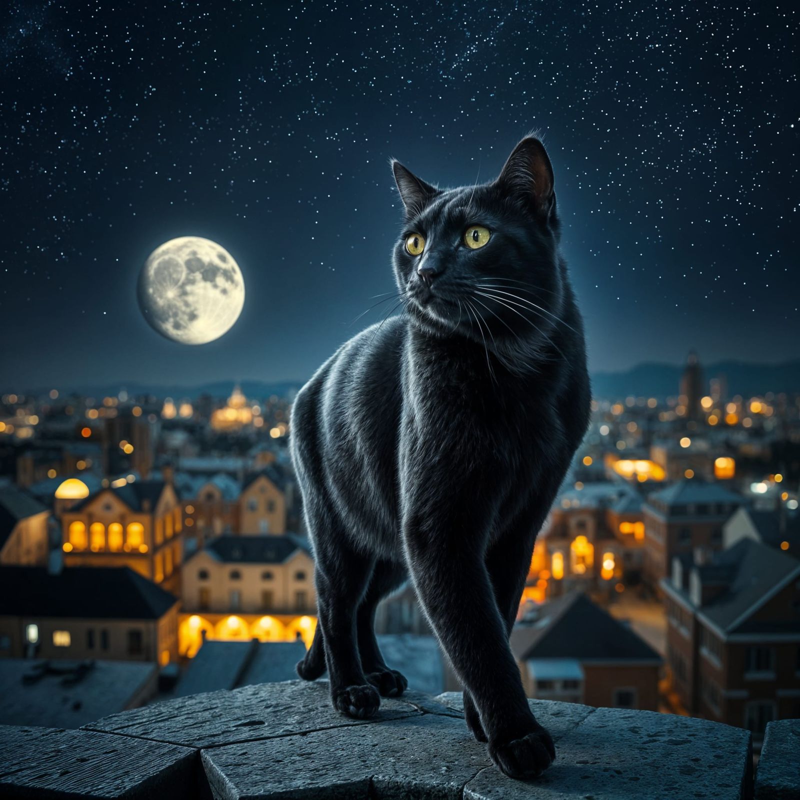 Free-Walking Black Cat in City Panorama