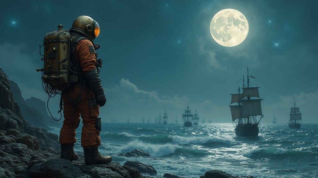 Steampunk Astronaut Stands at the Edge of a Moonlit Ocean