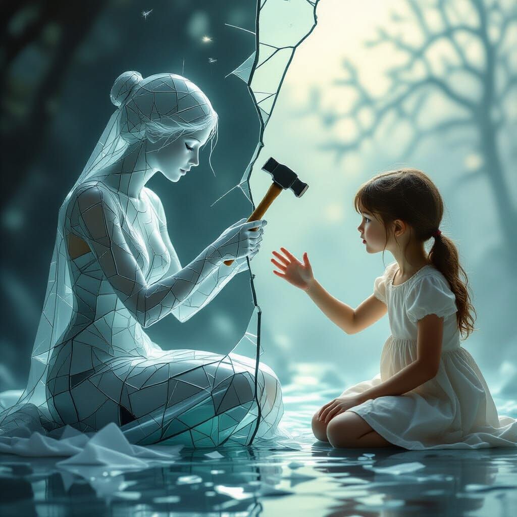 Ethereal Glass Lady About to Shatter in Fantasy Style