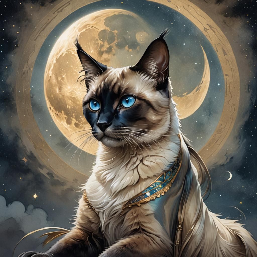 Calico Cat Gazing at Moon in Surreal Portrait