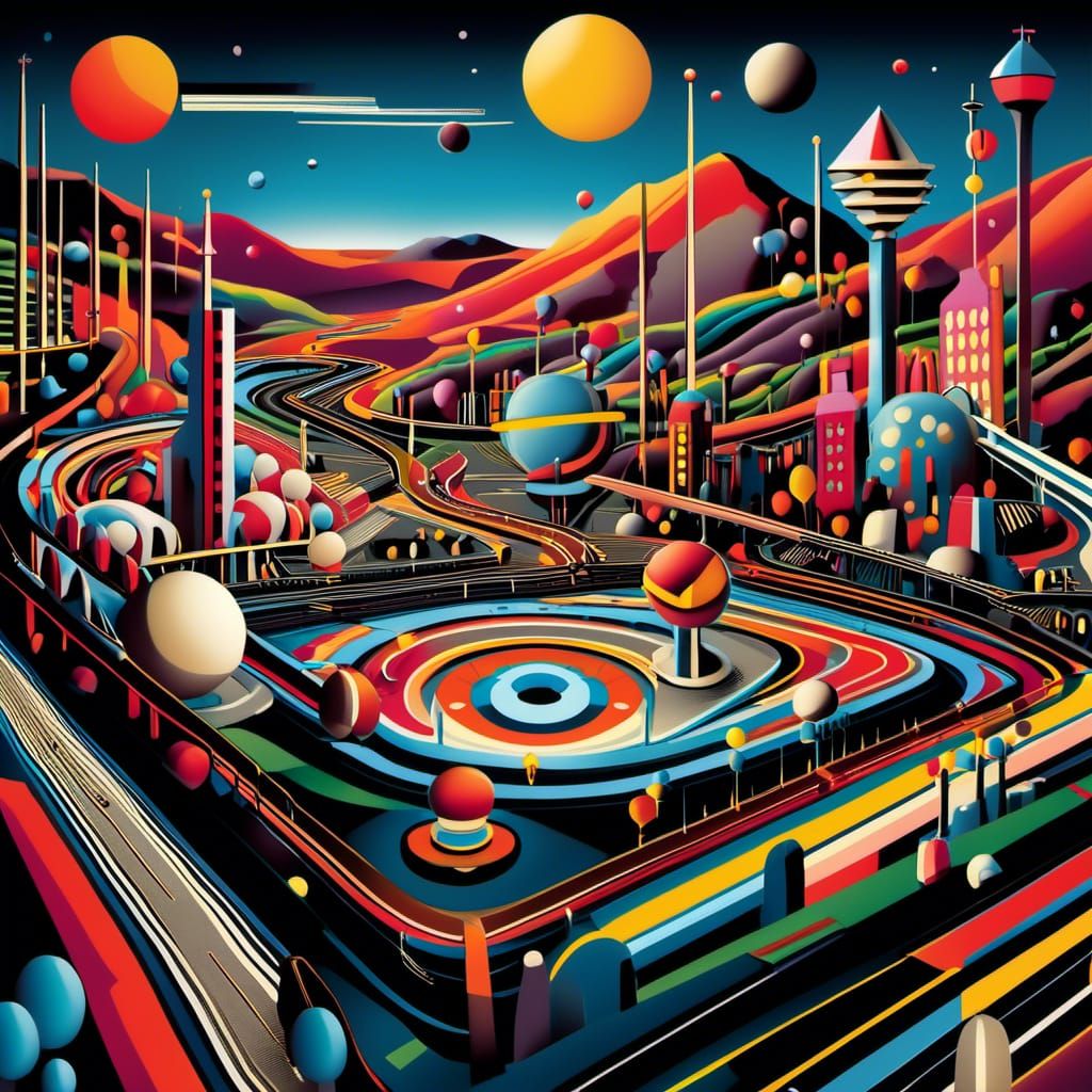 Surreal Pinball Landscape in Kandinsky Vector Art Style