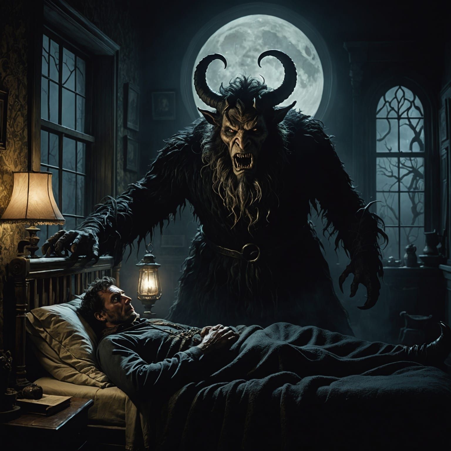 Eerie Krampus Scene in Moonlight: Cinematic Digital Painting