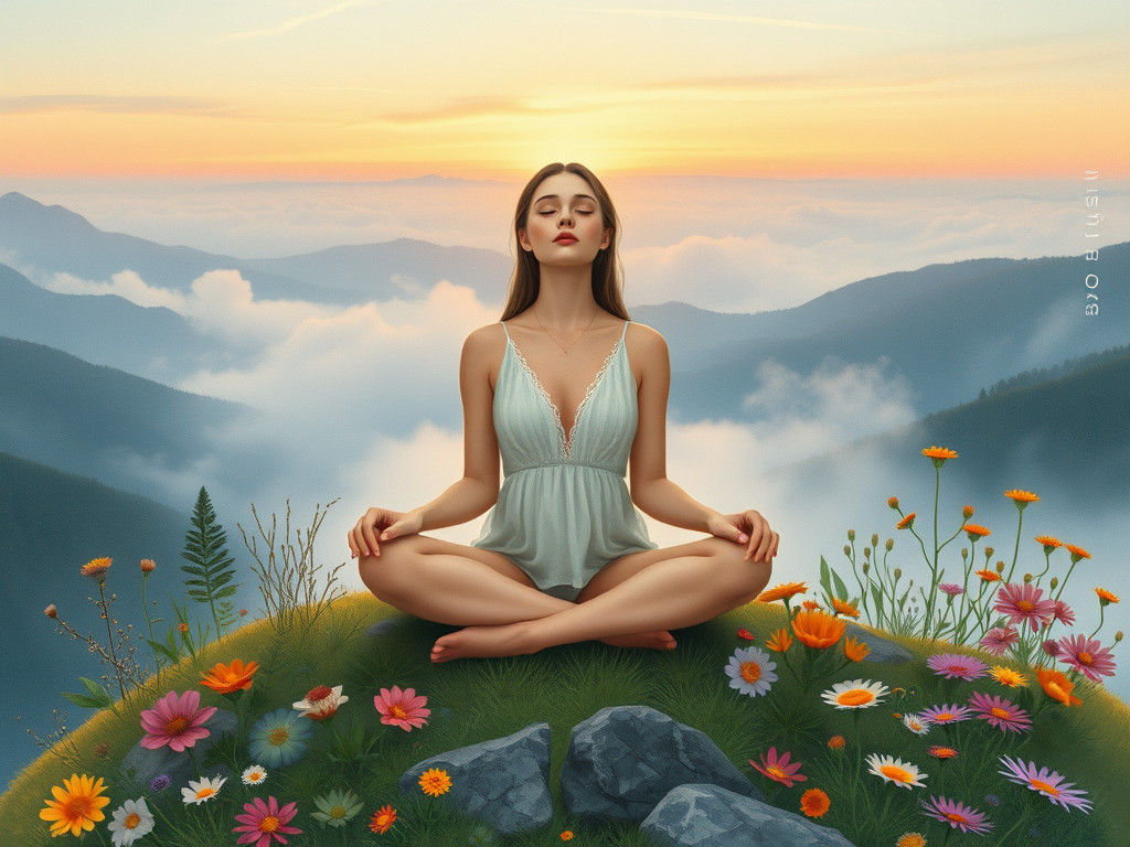 Serene Woman Meditating on Misty Mountain Peak