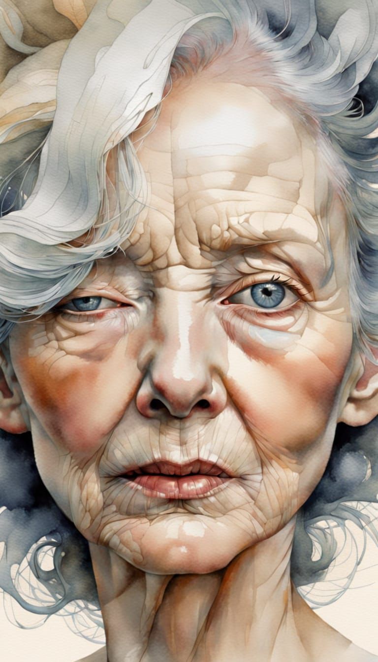Aged Woman's Intimate Portrait in Watercolor Delicacy