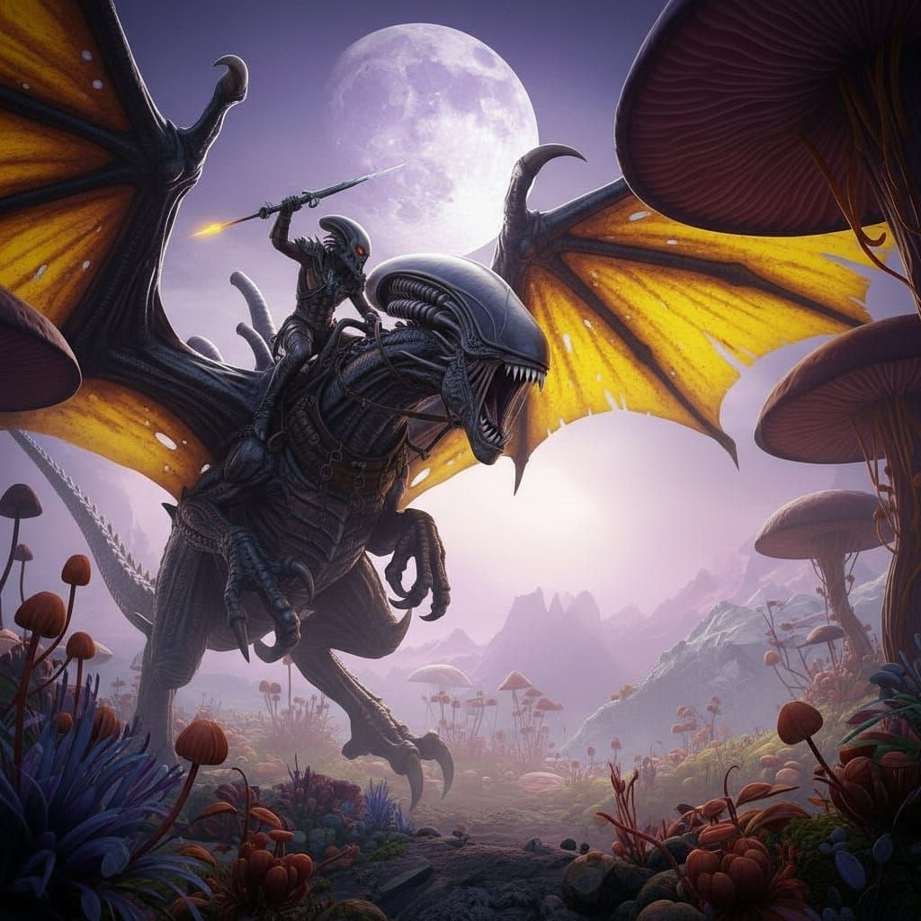 Alien Dragon Rider Battles Armored Predator on Lush Planet