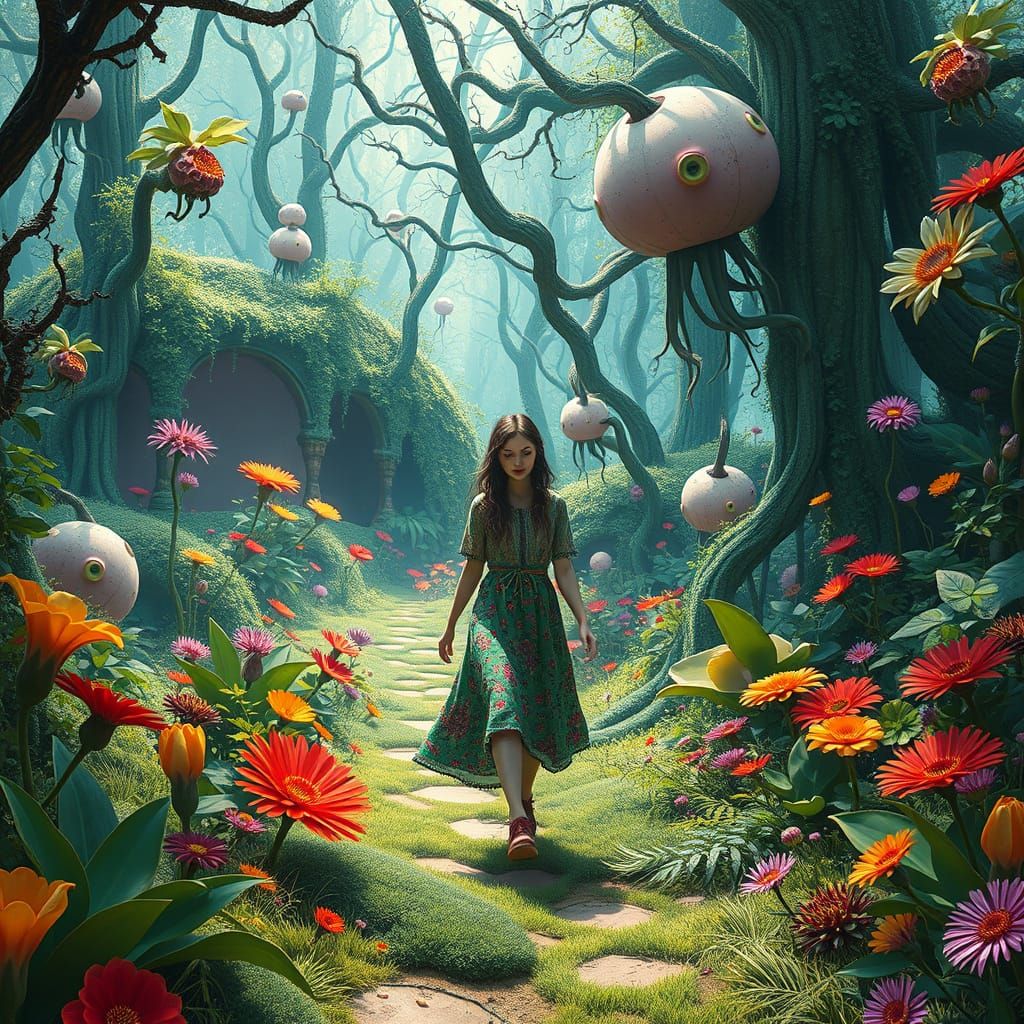 Woman in Fantastical Eerie Garden with Vivid Colors