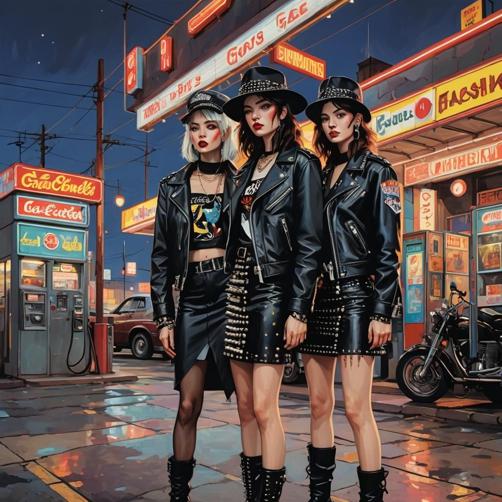 Women in Leather at Gas Station, Comic Book Style