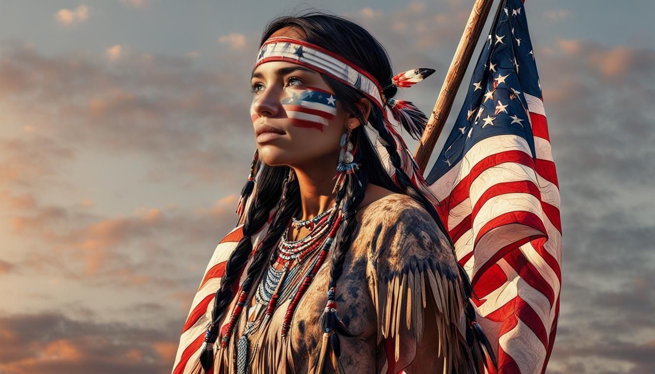 Native American Girl with Flag in 4K Detail