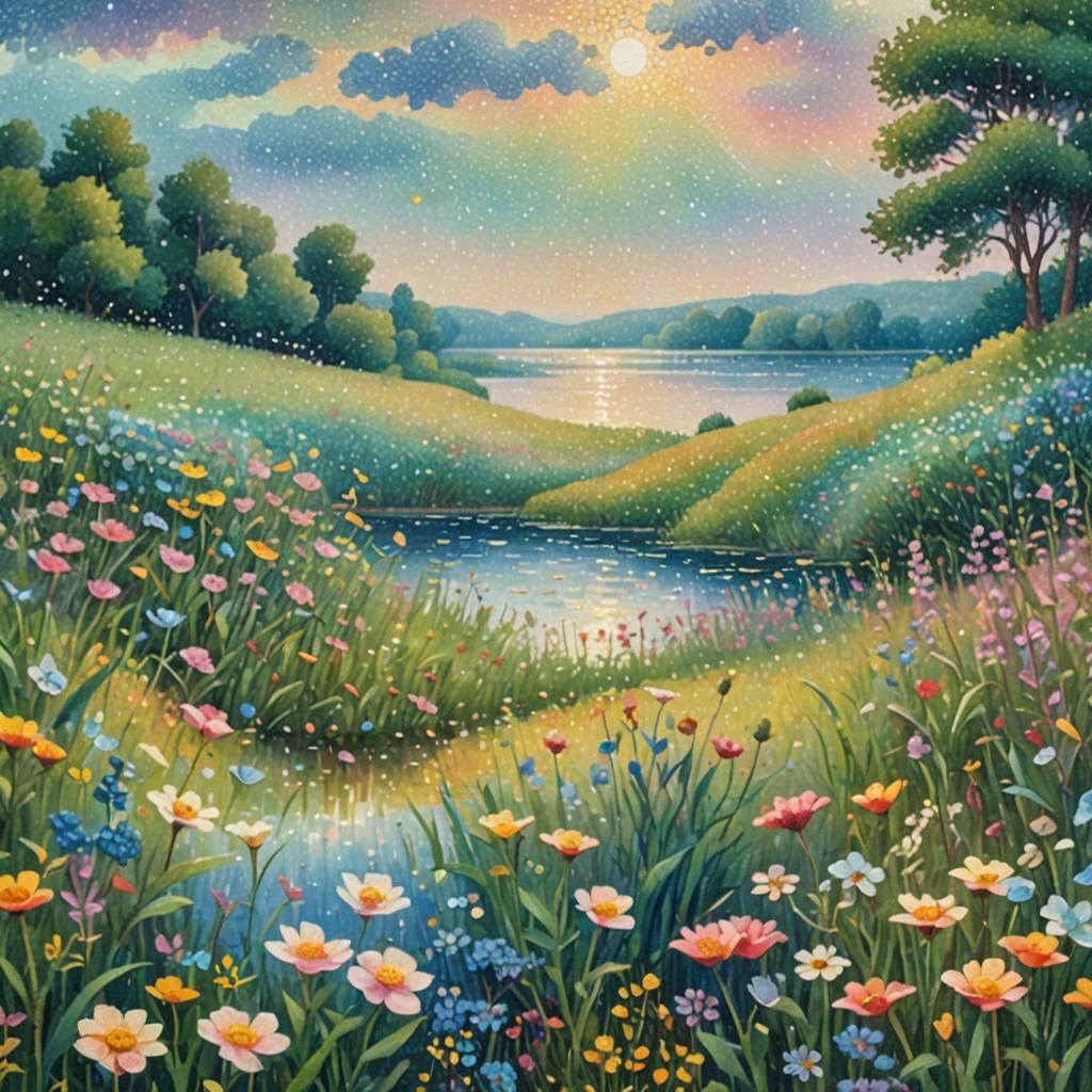 Pointillist Meadow Landscape with Wildflowers