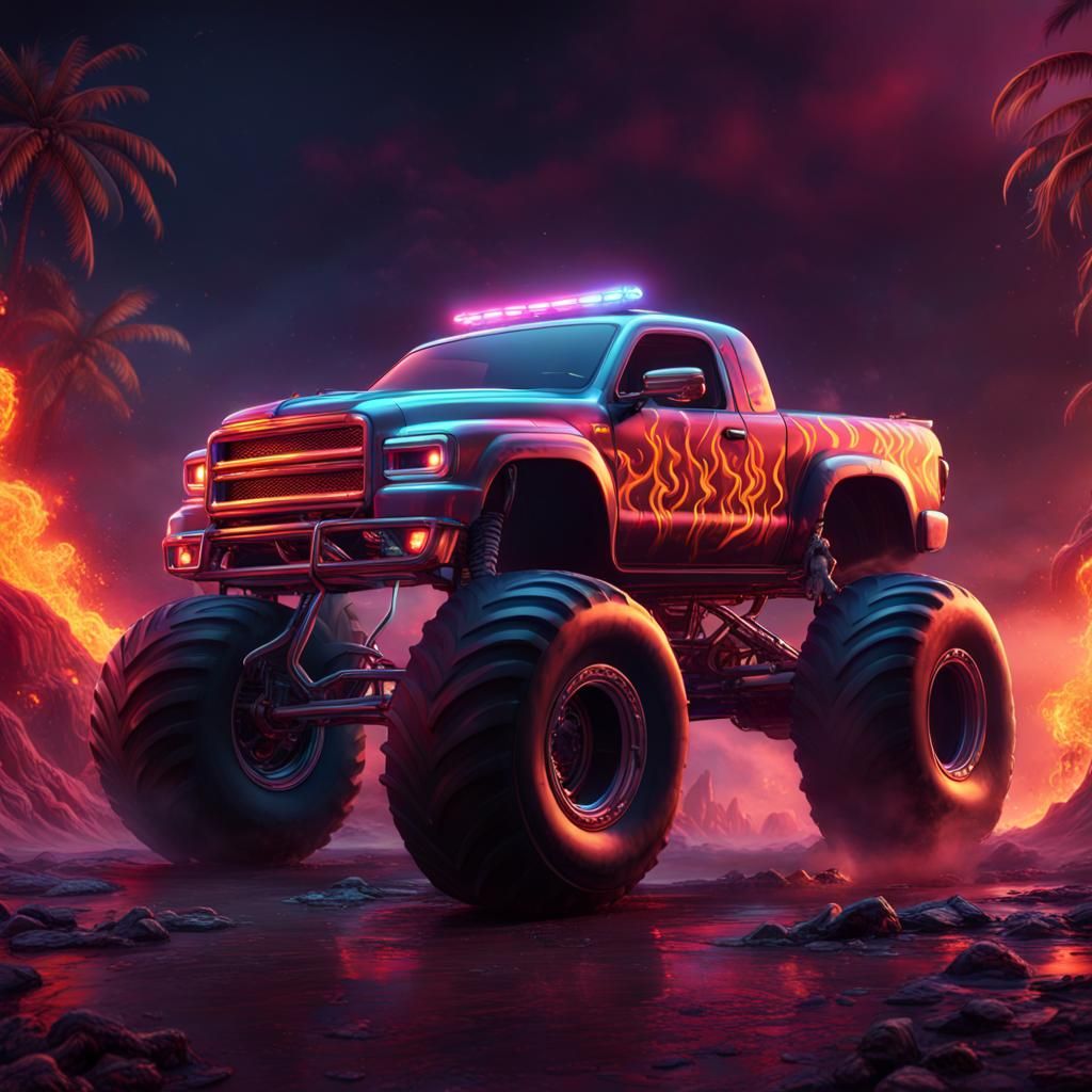 Neon Monster Truck with Hawaiian Girl, Digital Art