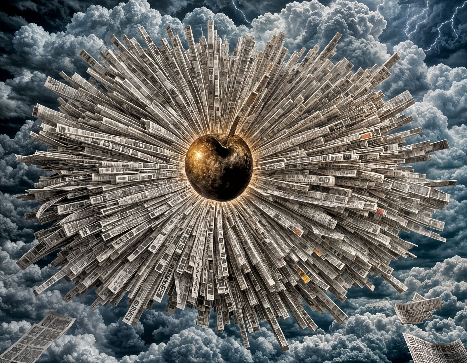 Newspaper Apple Amidst Thunderous Clouds