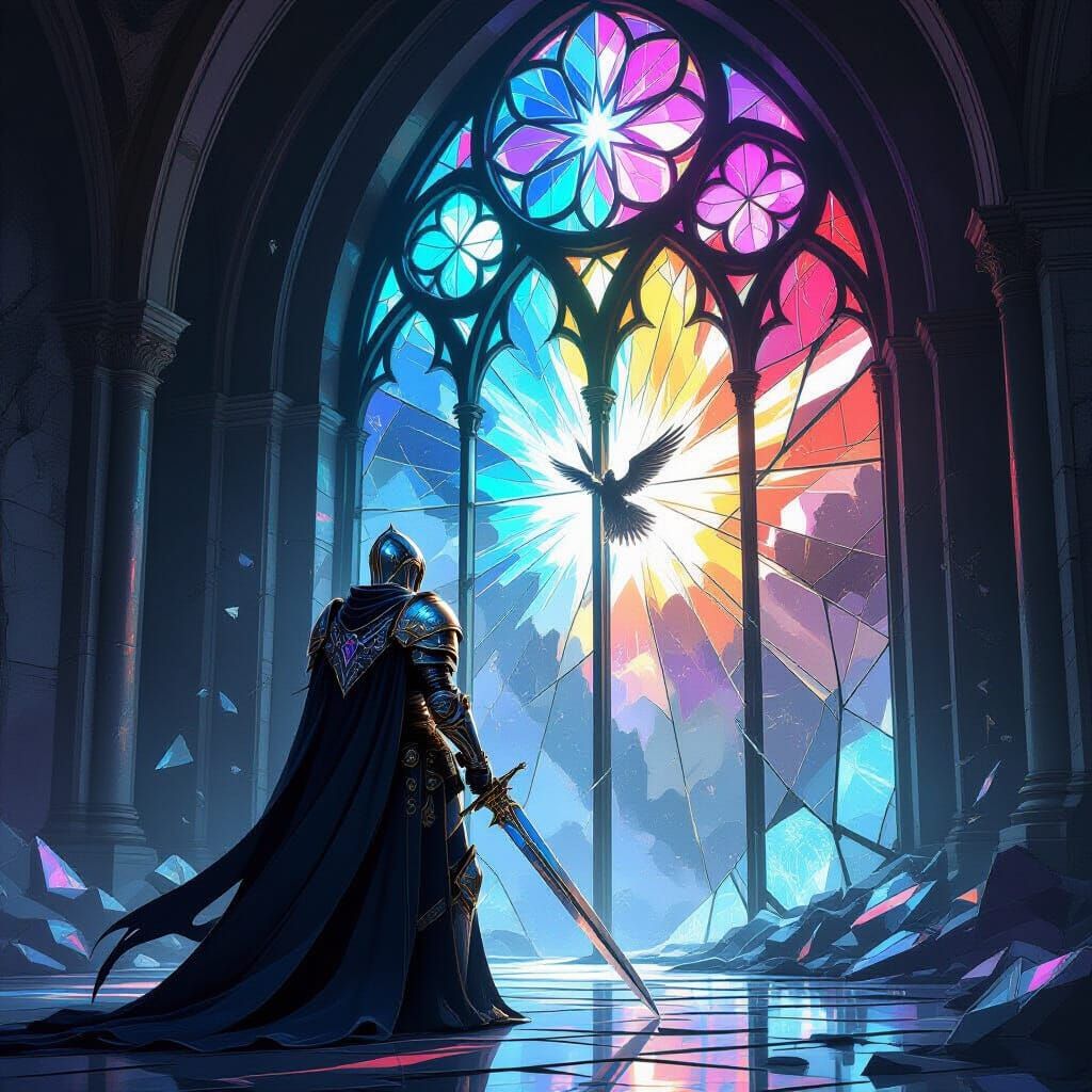 Knight in Glass Armor Before Shattered Stained Glass Window