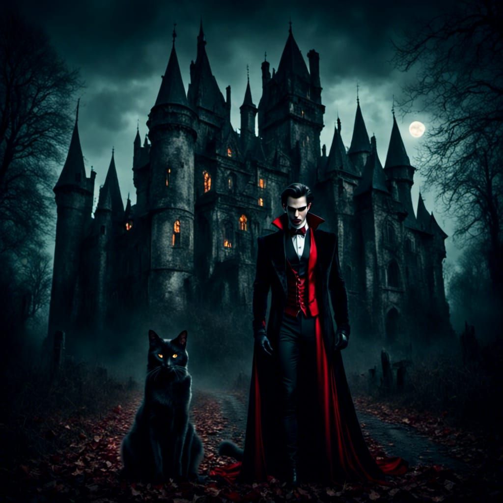 Fanged Vampire Cat in Gothic Setting