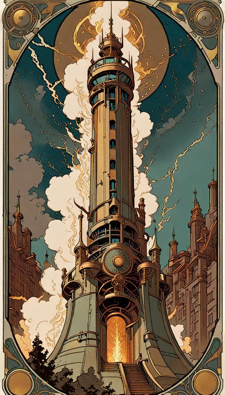 Art Nouveau Tarot Card of Cybernetic Tower