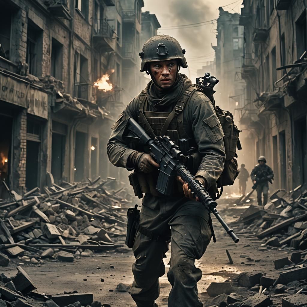 Intense War Film Still: Soldier in Ruined City