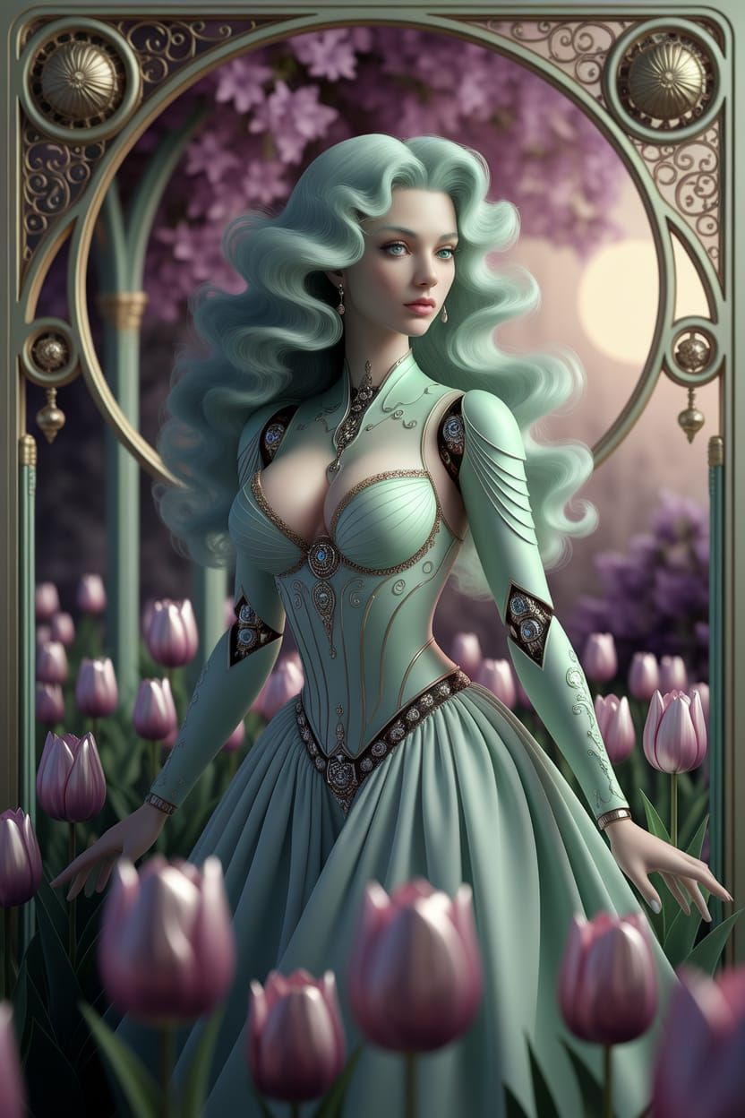 Ethereal Android Goddess in Art Nouveau Garden