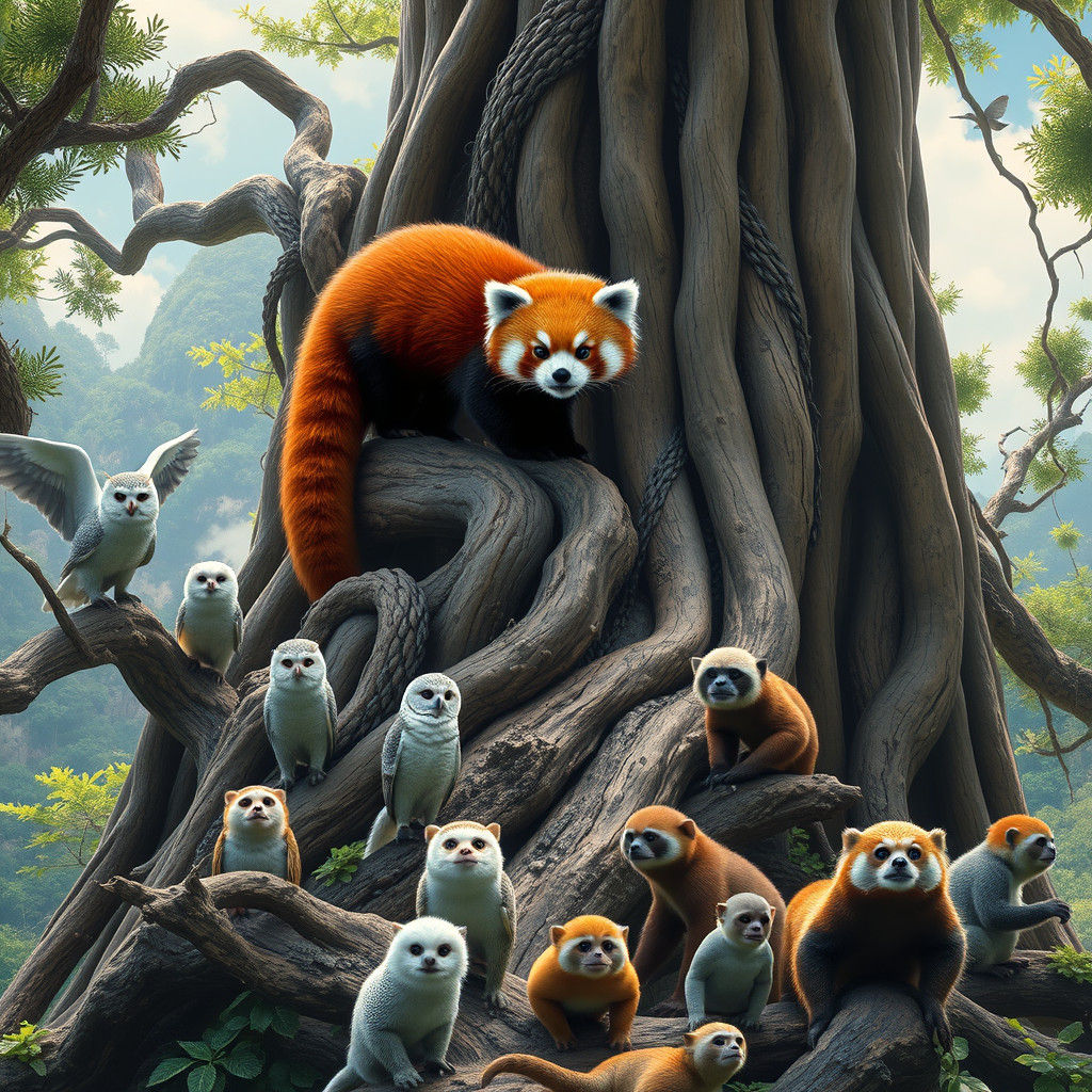 Red Panda Ascends Tree in Dreamlike Fantasy