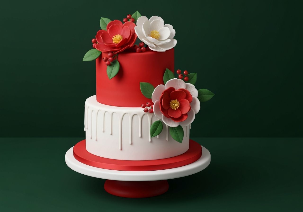 Red Ombre Cake with White Icing and Floral Decorations
