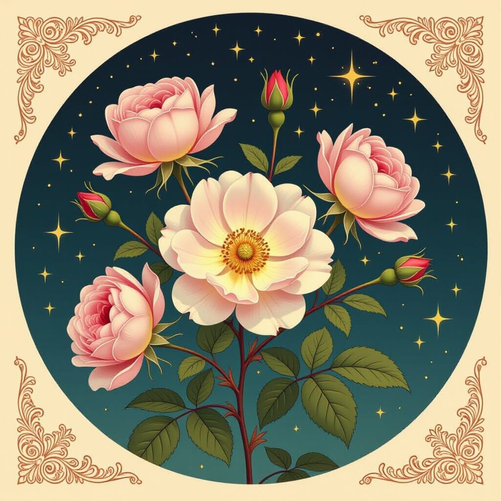 Floral Cosmos in Sepia Tone, Vintage Illustration