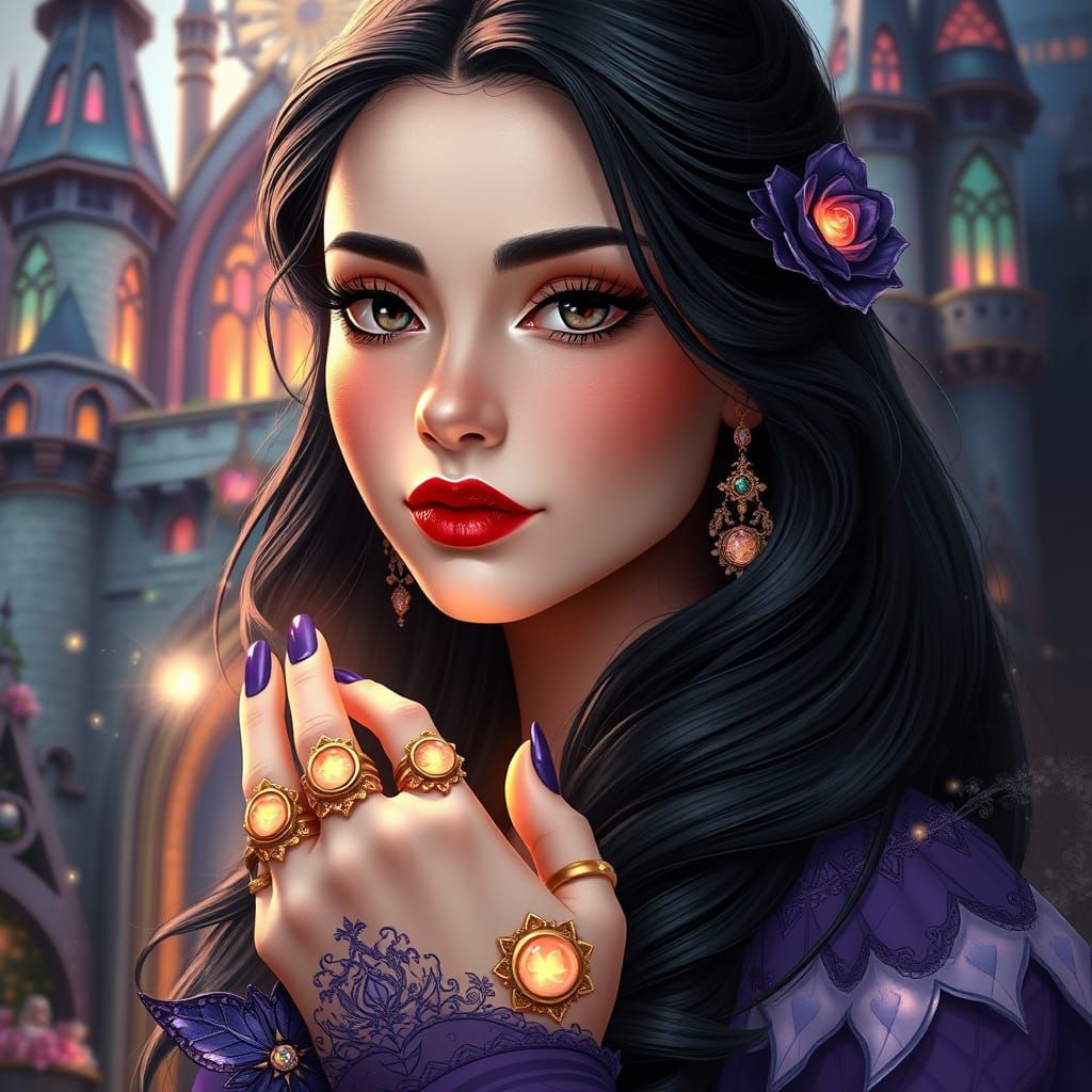 Mystical Mage with Raven Hair and Violet Gown