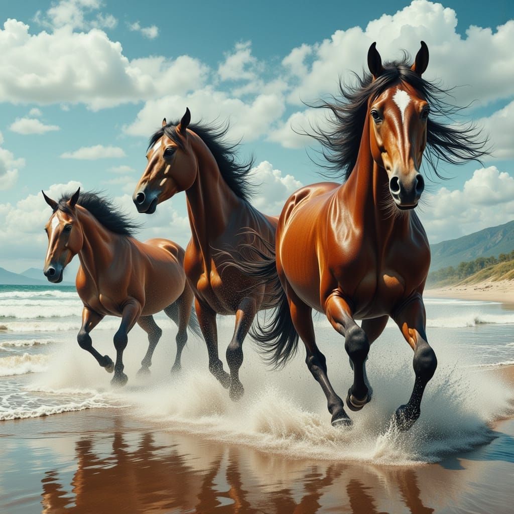 Wild Horses Galloping on a Serene Beach