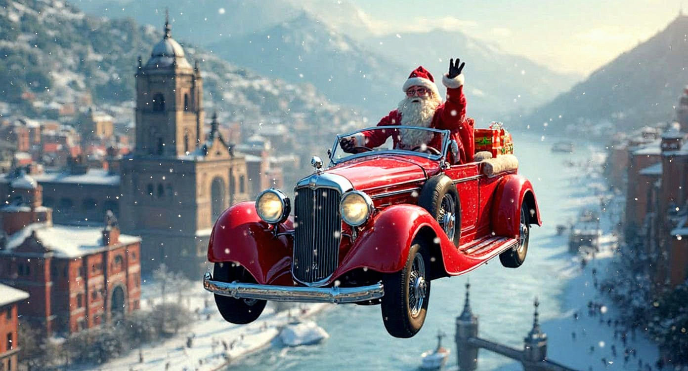 Santa Flies Vintage Car Over Snowy L'Esquirol