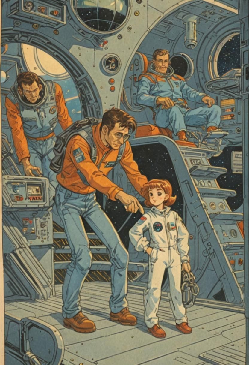 Girl on Spaceship Deck in Retro Anime Style