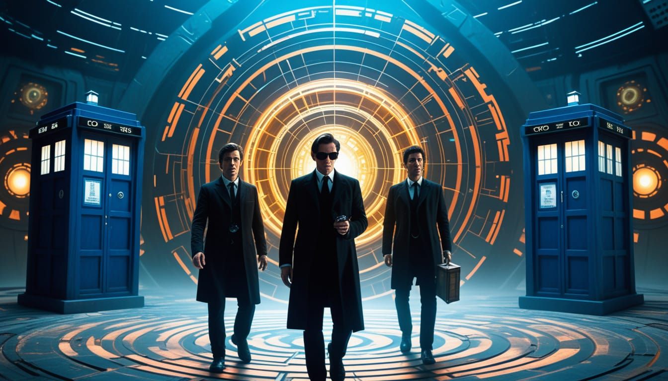Men in Black Agents Confront Time Vortex with Alien Silhouet...