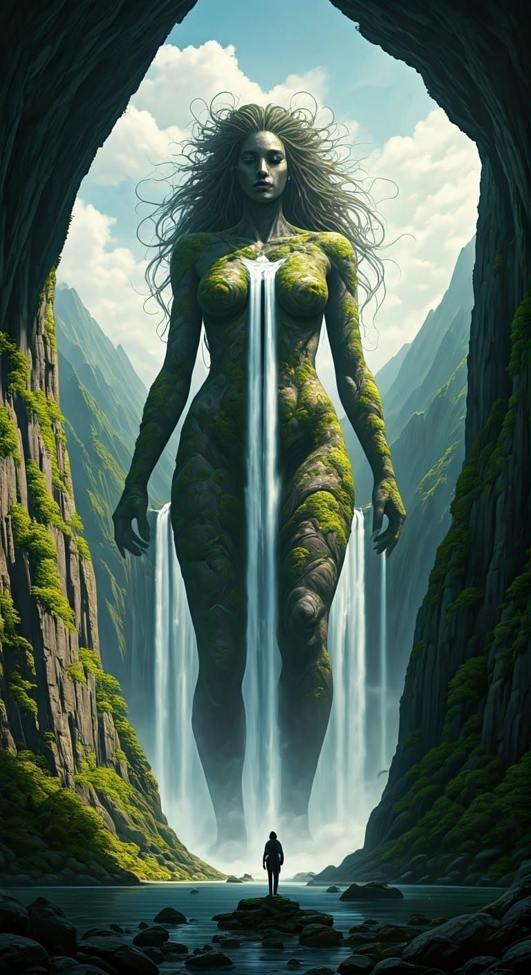 Stone Giantess Emerges: Breathtaking Waterfall Spectacle