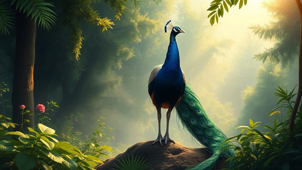 Majestic Peacock in Forest, Audubon-Inspired Illustration