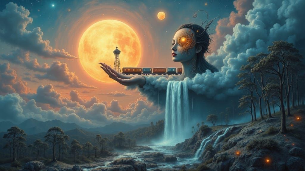 Surreal Glitch Train on Celestial Tracks, Manhwa Style