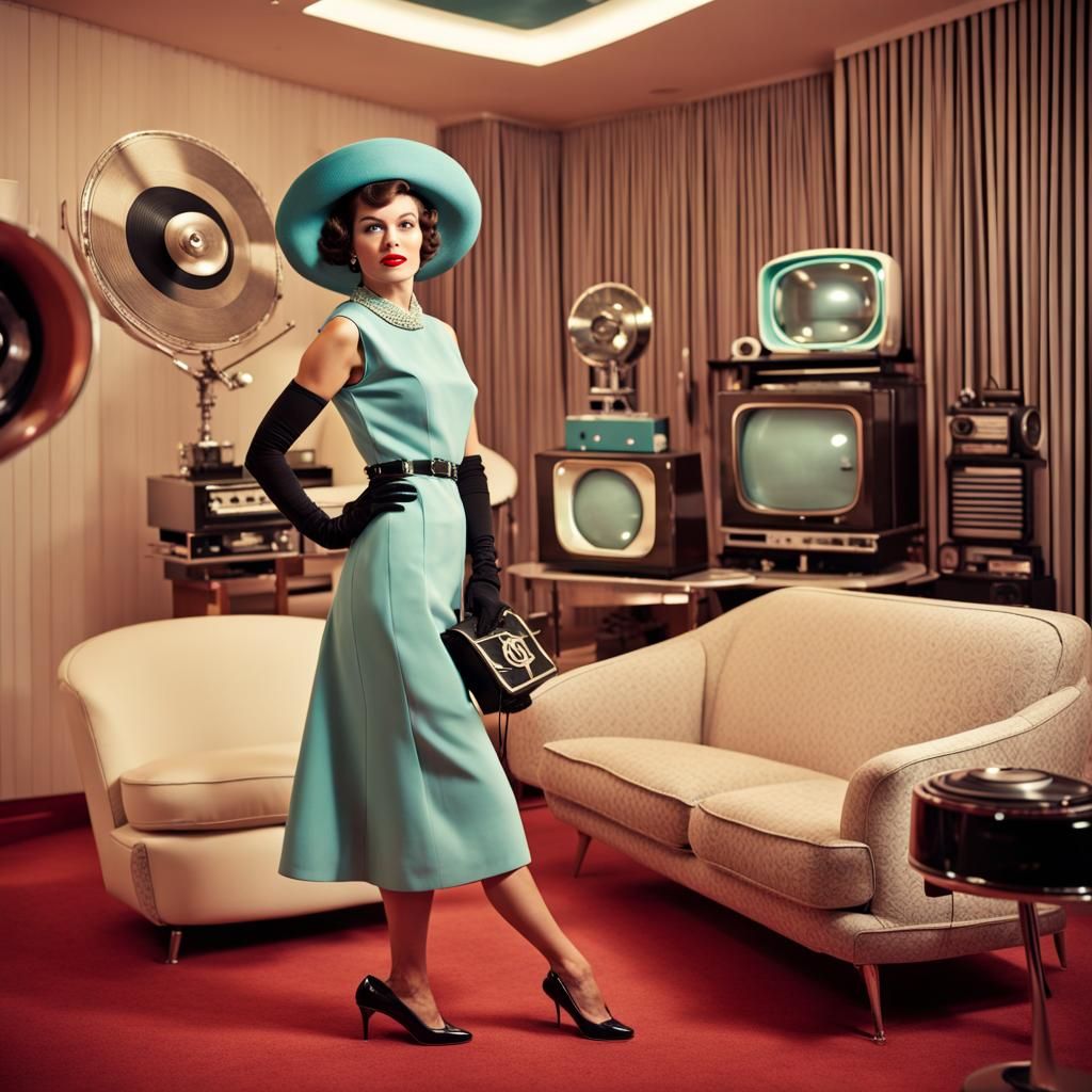 Elegant Woman in Retrofuturistic 1950s Style