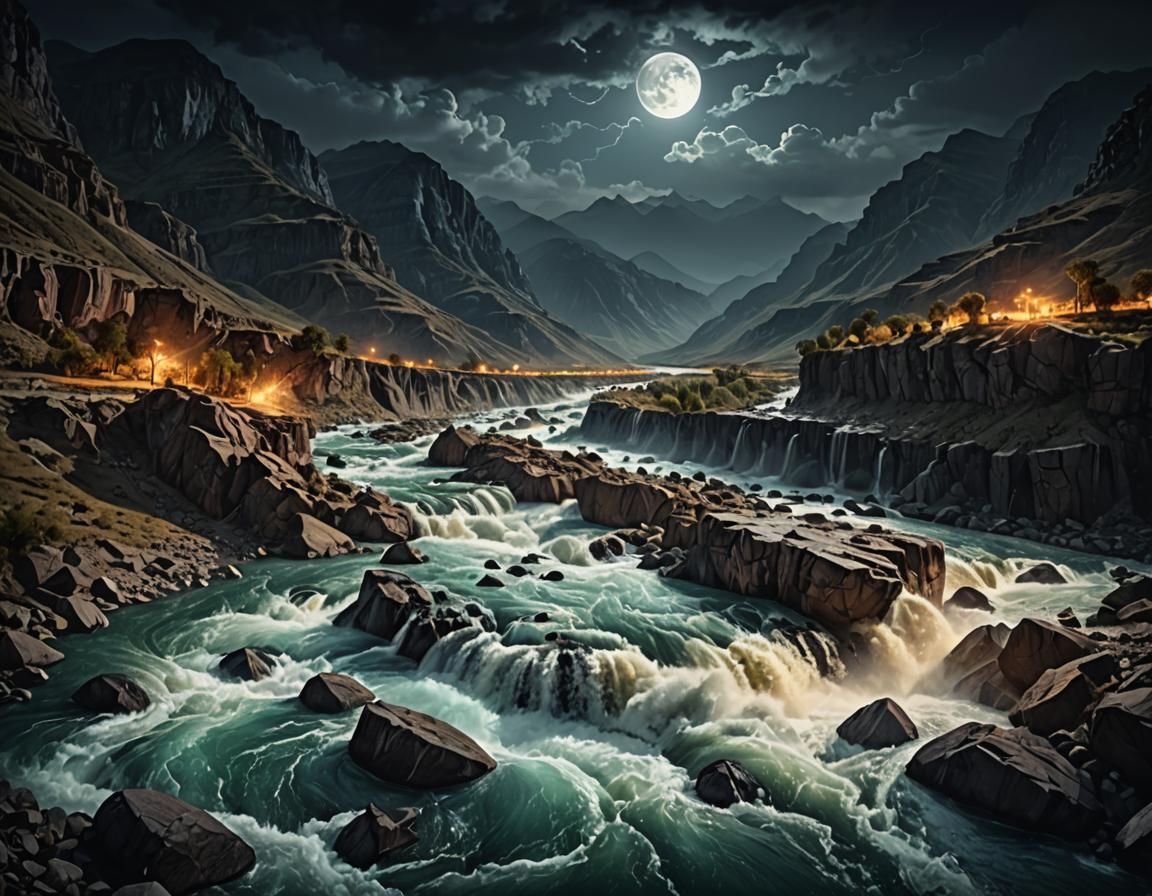 Stormy River Rapids Under Full Moon: Digital Painting