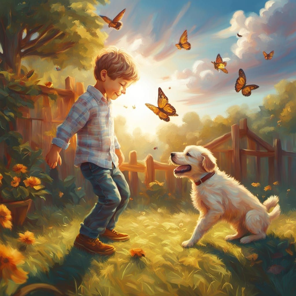 Happy Boy and Puppy: Vibrant Oil Painting
